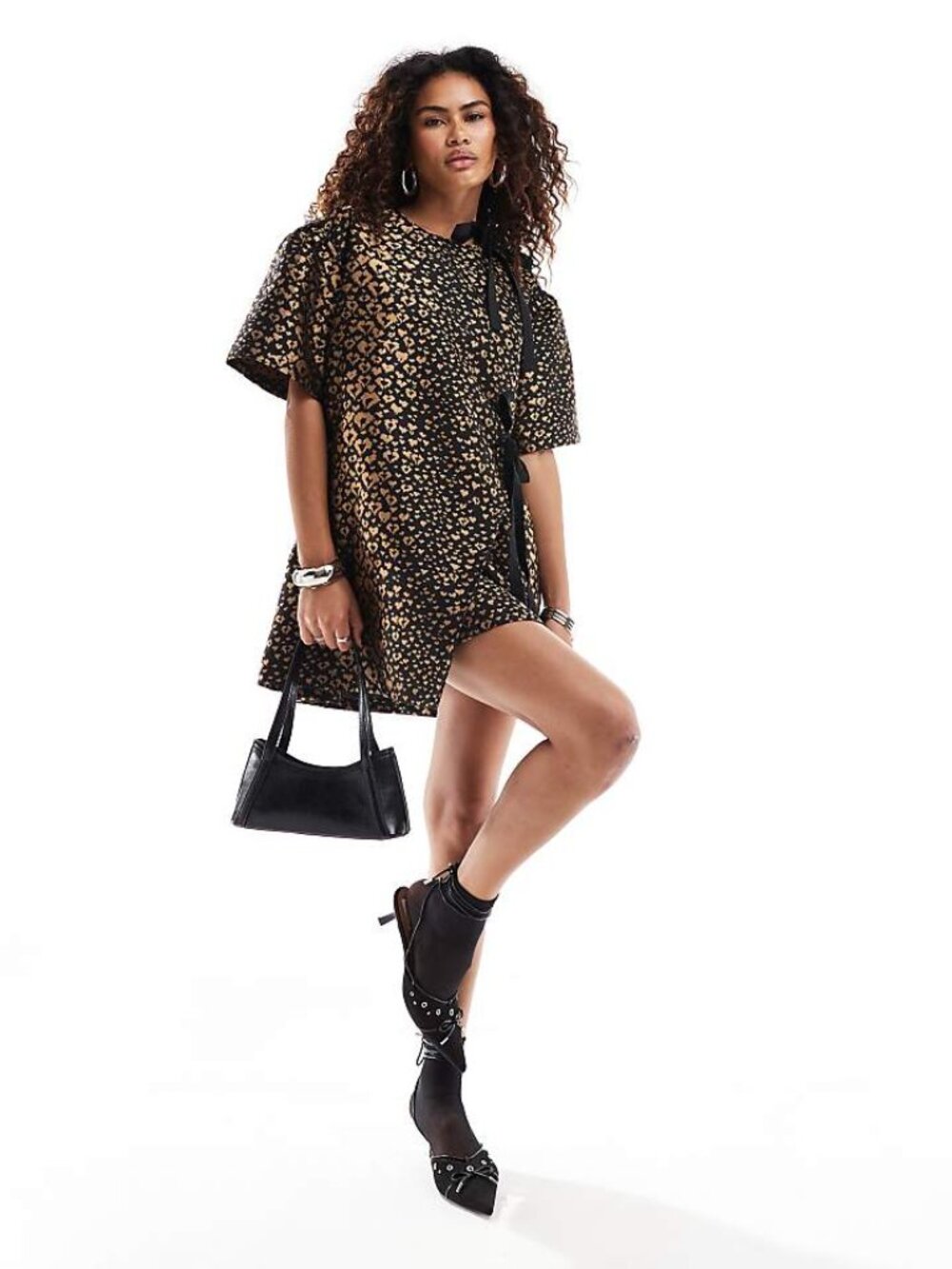 NWT GHOSPELL bow detail textured mini dress in leopard print size M